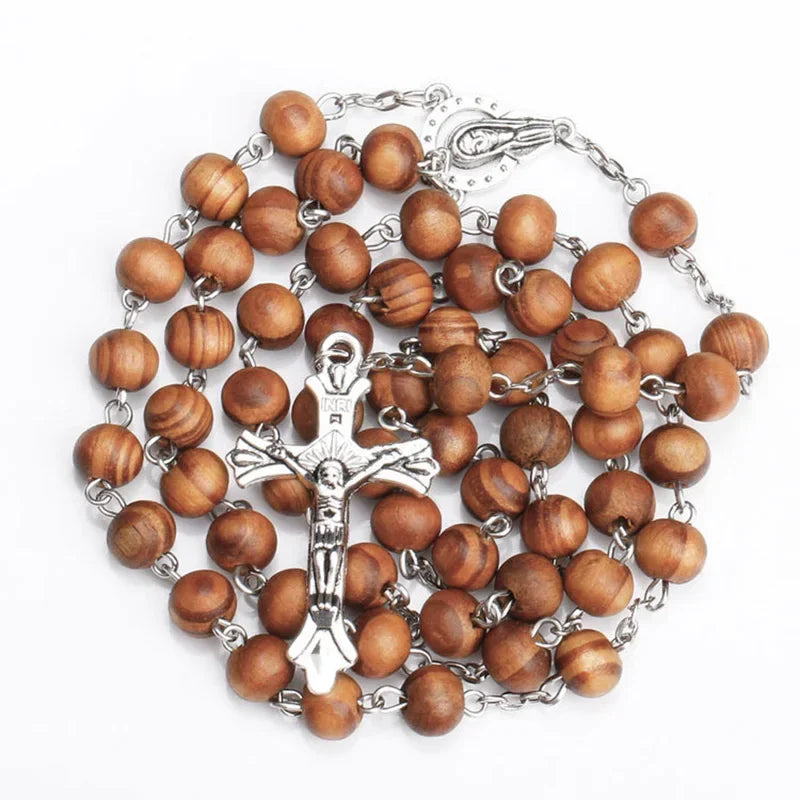8MM Wood Rosary Beads Necklace For Women Men Catholic Jesus Christ On INRI Cross Crucifix Pendant Long Chain Religious Jewelry