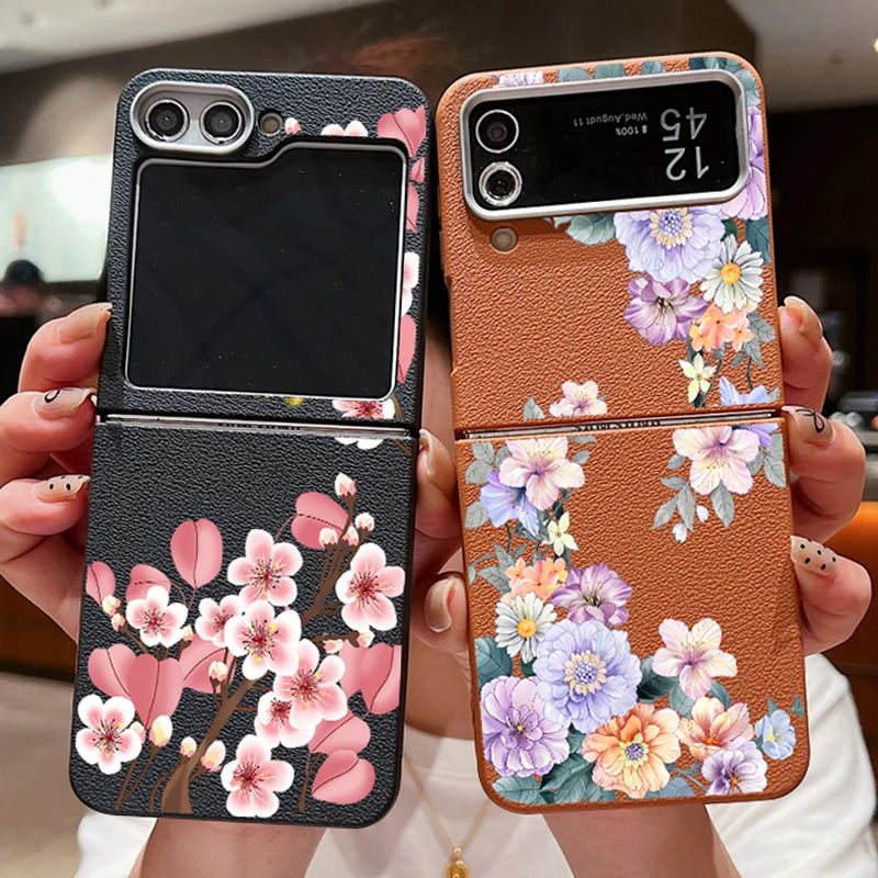 For Samsung Galaxy Z Flip 7 FE 6 5 3 4 Leather Texture Phone Case Floral Flower Soft TPU Folding Cover For Samsung Z Flip5 Flip6