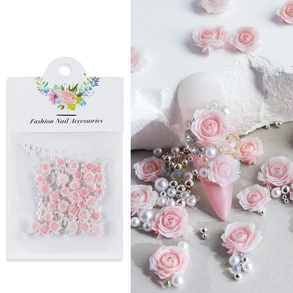 30 pcs gradient carved rose nail ornaments with steel bead pearl nail accessories