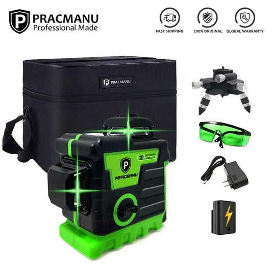 Pracmanu Laser Level 12 Lines 3D Level Self-Leveling Horizontal and Vertical Cross Super Powerful Green Laser Beam