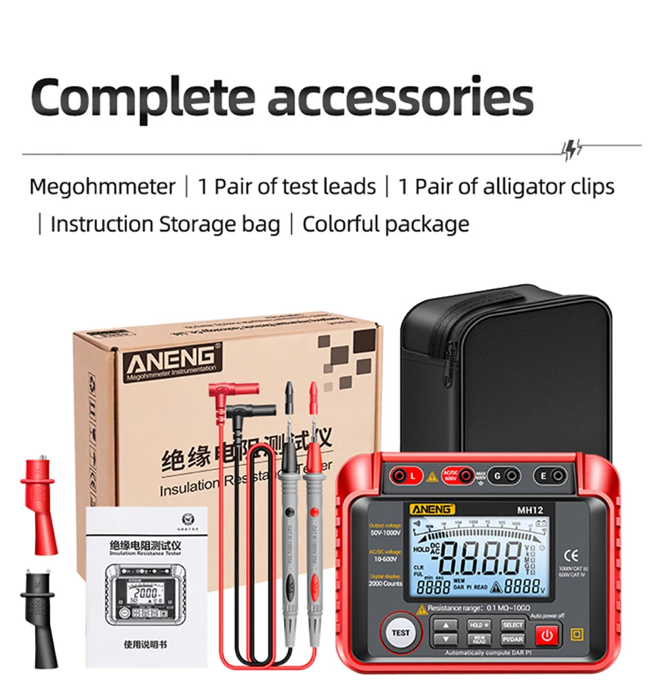 ANENG MH12 Digital Megohmmeter Meters  Insulation Earth Resistance Meters Tester cable High Voltage Voltmeter Meter