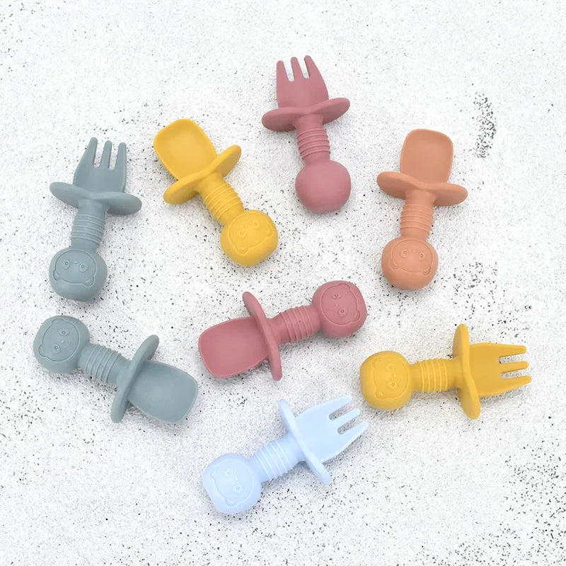 3/4 PCS Baby Silicone Plate+Spoon+Fork Set Solid Cute Color Grid Children Dishes Toddle Training Tableware Kids Feeding Stuff