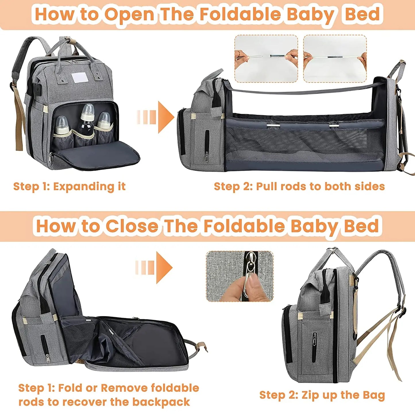 Fashionable Mommy Bag Folding Baby Bed Mother Large Capacity Portable Milk Bottle Diaper Double Shoulder Mom's Bag