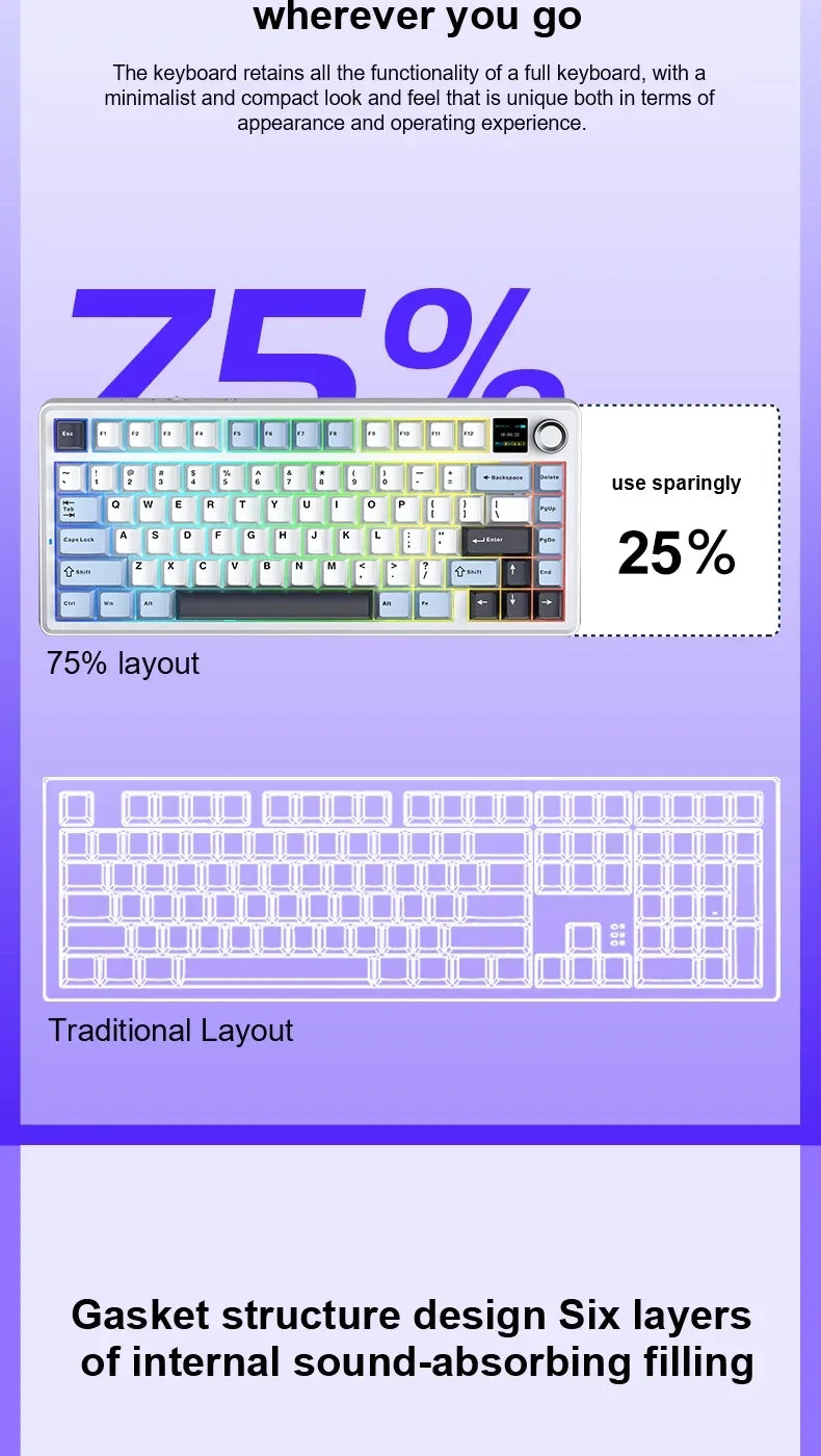 AULA F75 MAX Gaming Keyboard Three-mode connection 75% Layout Gasket Structure Hot-Swap RGB E-sports Keyboard Game Accessories