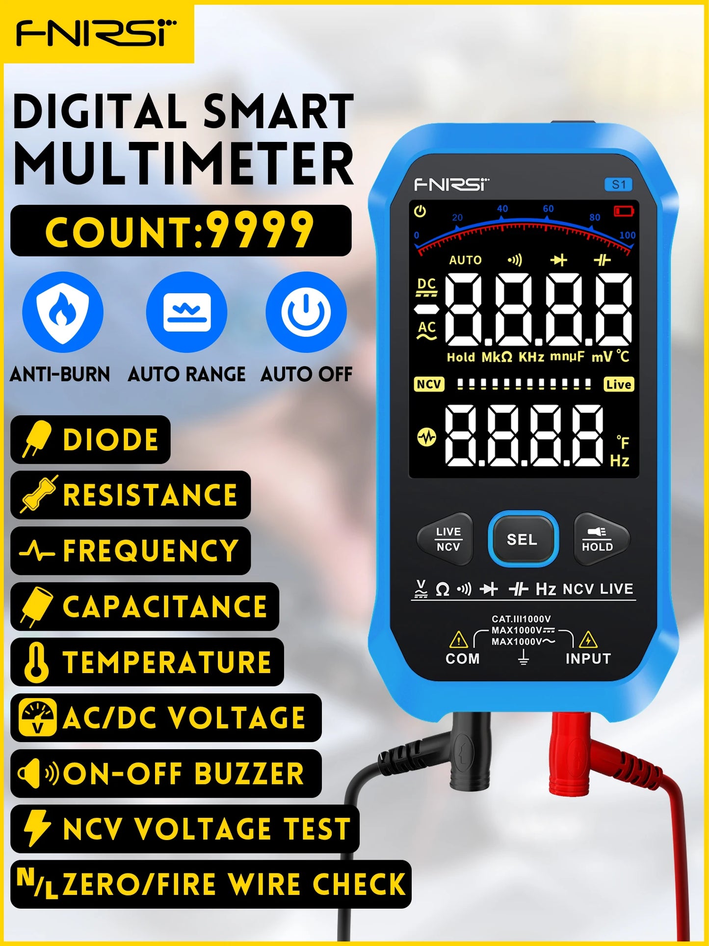 FNIRSI-S1 Digital Multimeter 9999counts AC DC Voltage Resistance Capacitance Diode NCV Hertz Live Wire Tester With Thermocouple