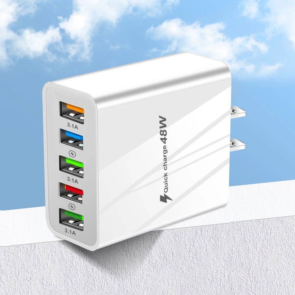 48W USB Charger Fast Charge QC 3.0 Wall Charger Adapter For iPhone 14 13 Samsung Xiaomi Mobile Phone Charger 5 Ports EU US Plug