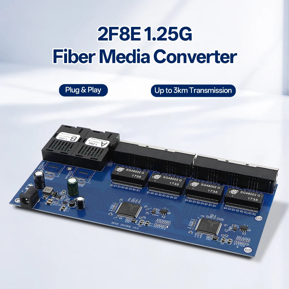 BYXGD 2F8E Gigabit Media Converter Board Single-Mode Single-Fiber BIDI 3km 2SC+8RJ45 Plug&Play