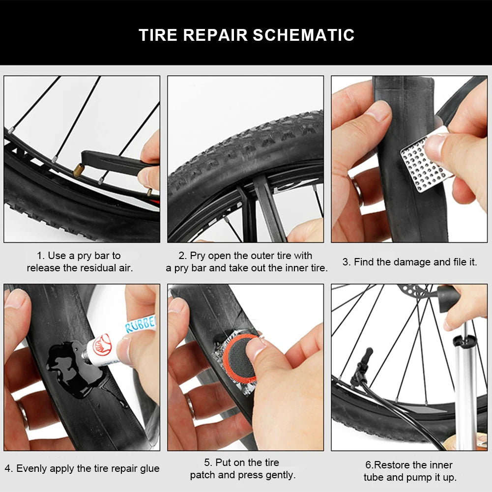 Bike Tire Tyre Tube Repair Kit Cycling Flat Tire Repair Rubber Patch Glue Lever Cycling No Glue Bicycle Inner Tube Puncture Tool