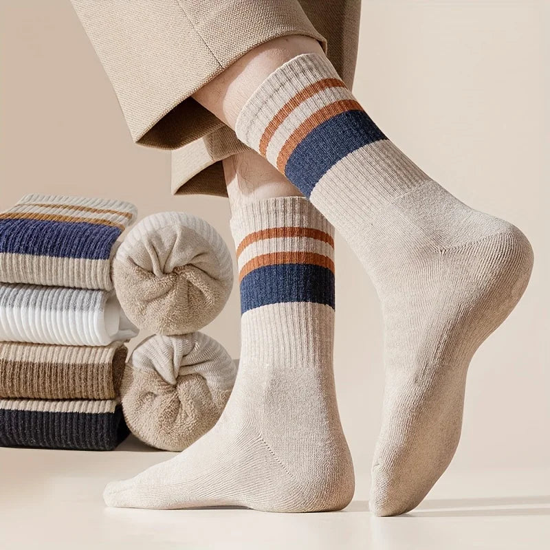 4 Pairs Of Men's Vintage Striped Crew Socks, Thermal Breathable Comfy Socks For Men's Wearing, Autumn & Winter