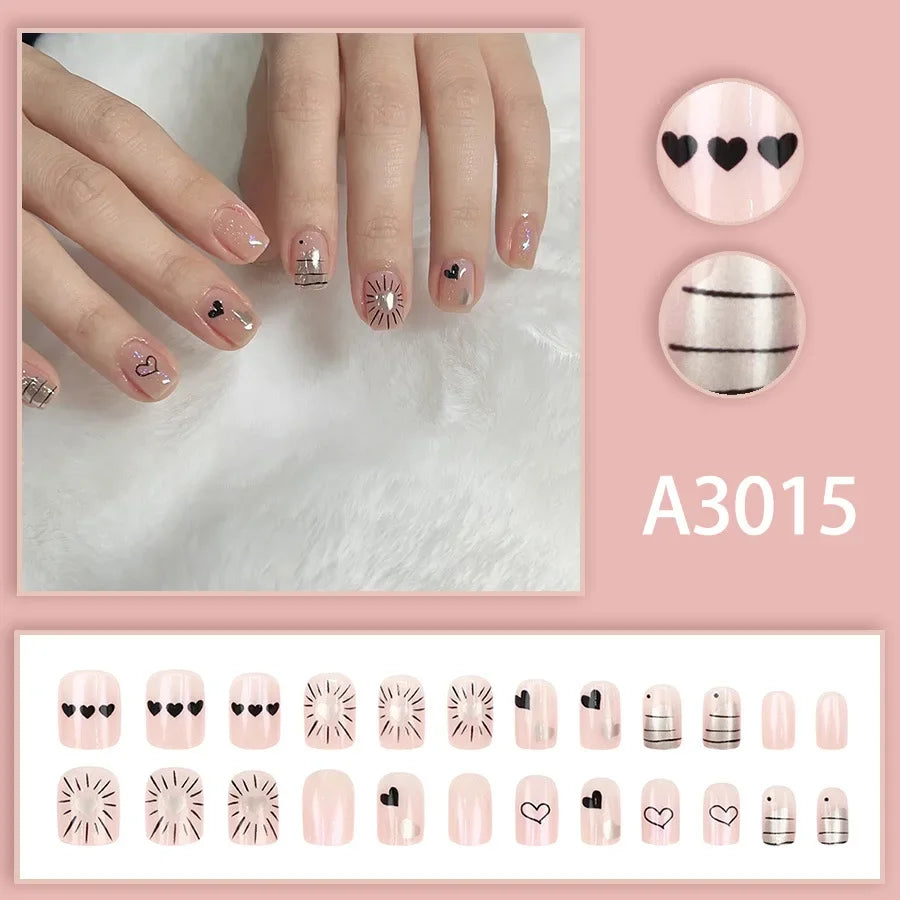 Watercolor Rose Fake Nail with Jelly sticker Press on False Nails Wearable Round Head Oval Full Cover Nail Tips