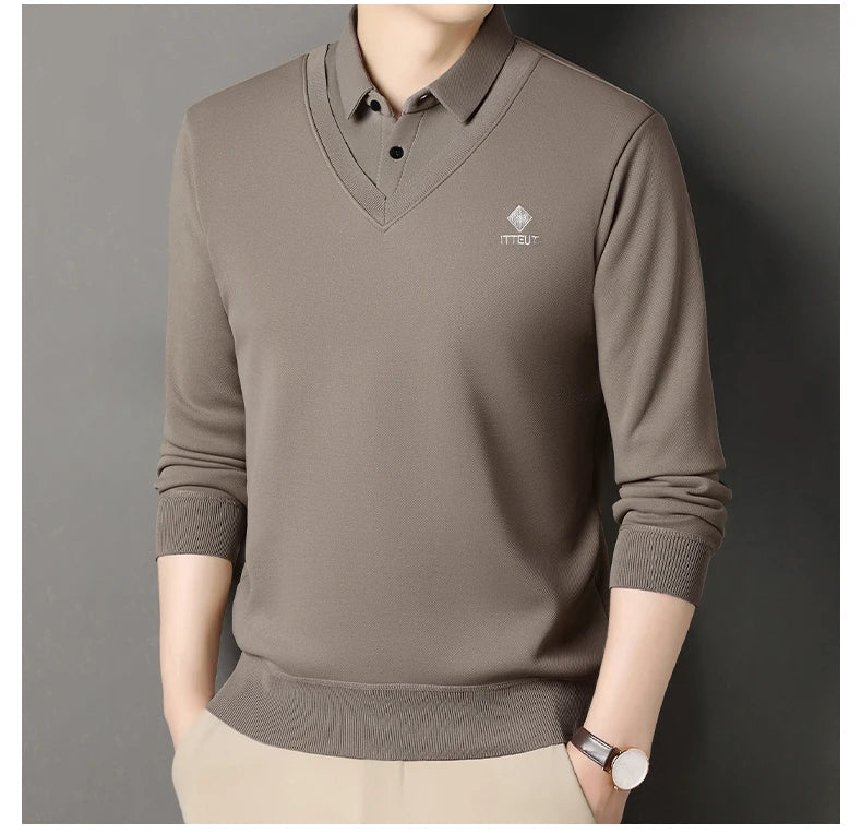 Men's Winter Sweater Velvet Pullover Solid Color Slim Fit Elegant Luxury Brand Knitwear Fake Two Pieces Knitted Sweaters