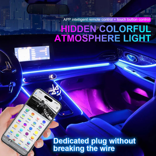 LED Car Ambient Light RGB 64 Color Acrylic Fiber Optic Guide Light Strip For Car Interior Decoration Atmosphere Lamp APP