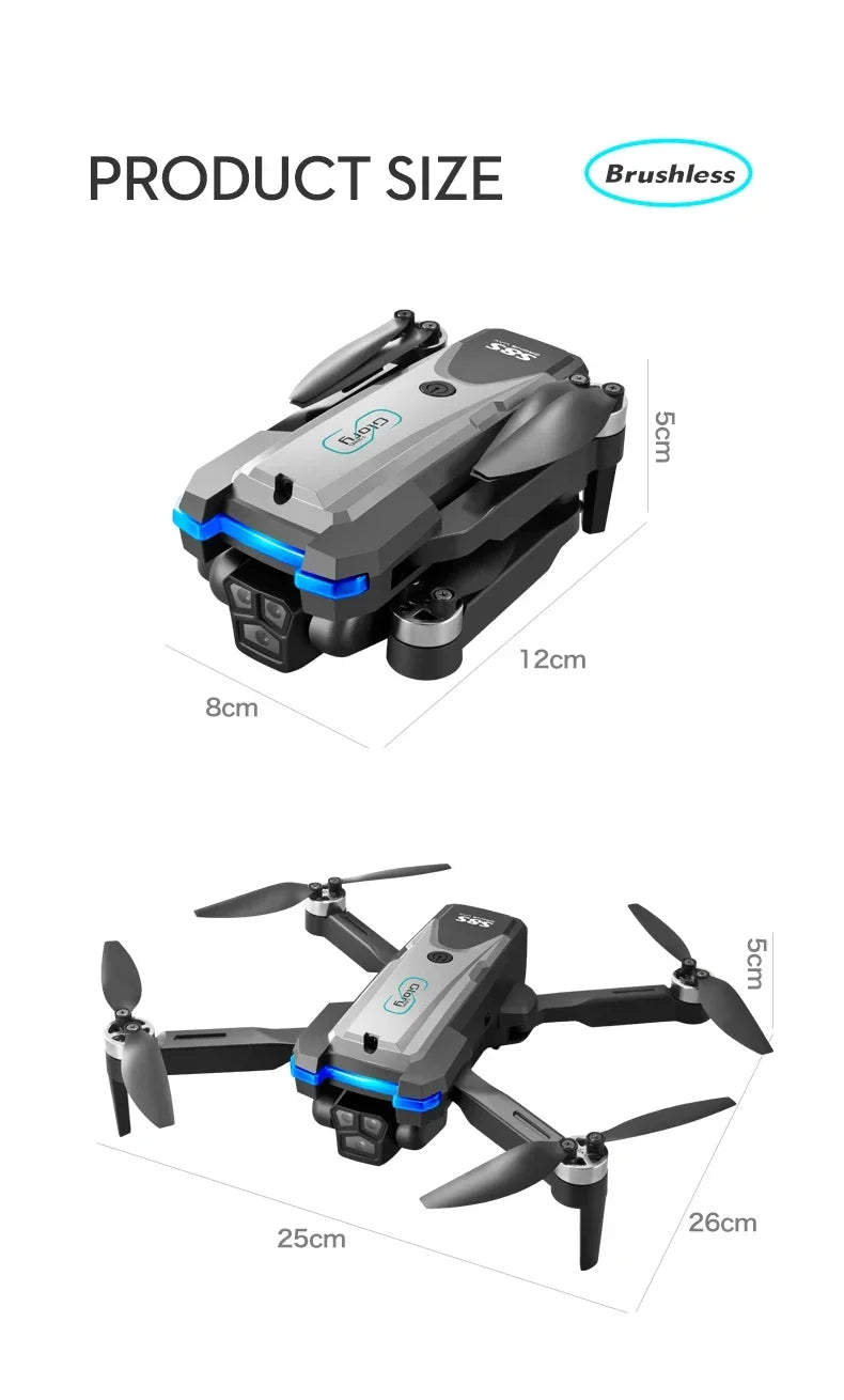 S8S RC Brushless Drone 4K Professional 8K Three ESC Camera Optical Flow Obstacle Avoidance Headless Mode Foldable Quadcopter Toy