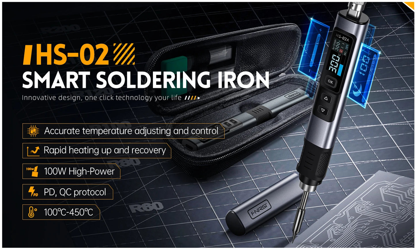 FNIRSI HS-02 Smart Electric Soldering Iron PD 100W Adjustable Constant Temperature Fast Heat Portable Soldering Iron Station Kit