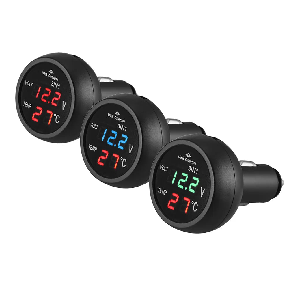 3 in 1 12/24V Car Auto LED Digital Voltmeter Gauge Thermometer USB Charger Monitor Display Charging for Phone Tablet GPS