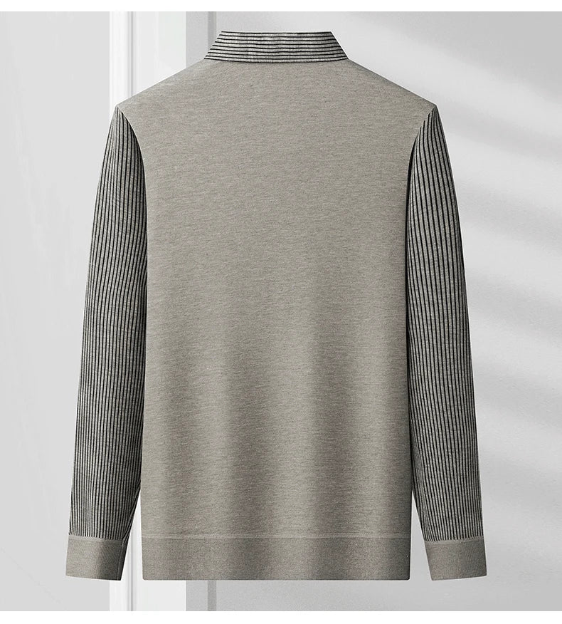 Mens Autumn Clothes Polo Collar Sweater Fake 2 Pieces Striped Velvet Jumpers Slim Fit Pullovers Elegant Knitted Sweaters