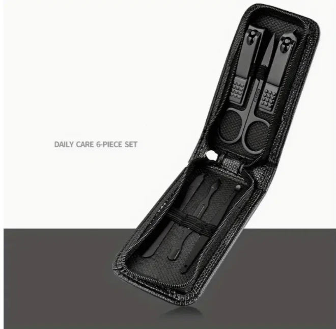 New 6 Pcs Portable Luxury Manicure Sets Pedicure Kits Bright Black Nail Clipper Set Personal Care Tools Eyebrow Scissors