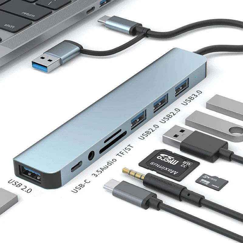 8 In 2 USB HUB With Splitter Card Reader, USB C Port, USB 3.0, SD/TF Splitter Card Reader, Docking Station