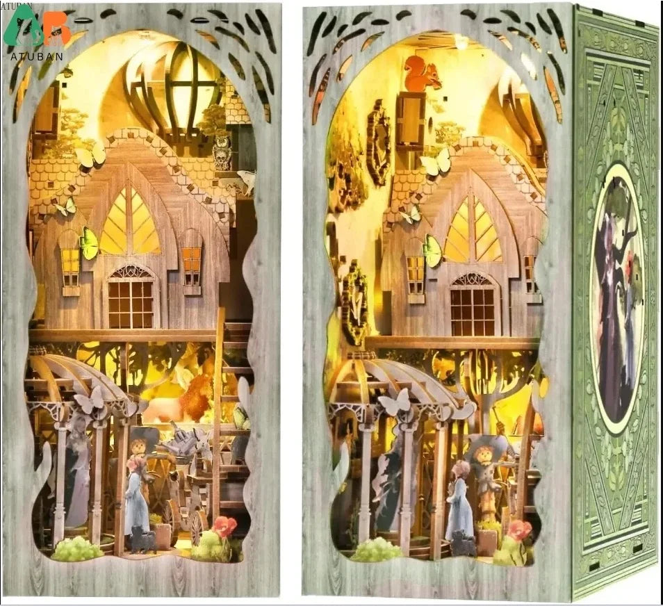 ATUBAN DIY Book Nook Kit, 3D Wooden Puzzle Miniature Dollhouse, Booknook Kit Bookend Bookshelf Insert Decor with LED Light