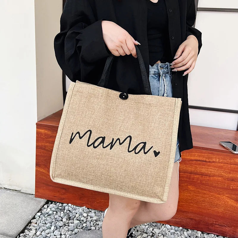 Women Large Capacity Tote Bag Mama Letter Printing Casual Fashion Linen Handbag Shopping Shoulder Bag Mother’s Day Gifts for Mom