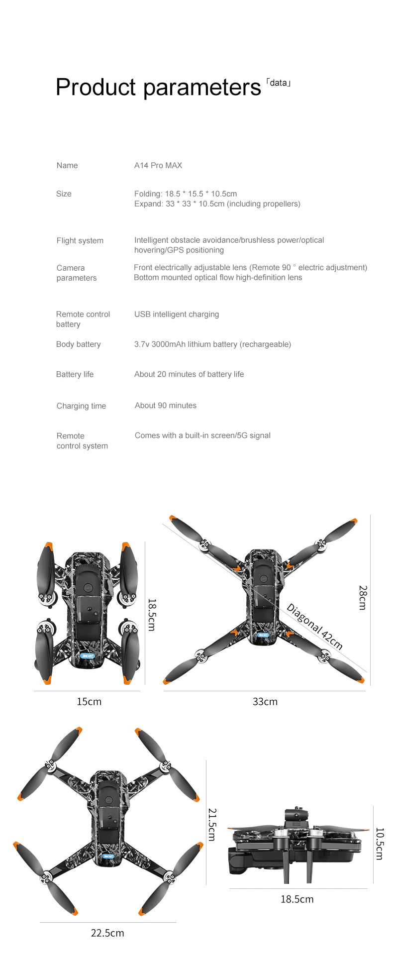 A14 PRO MAX Drone 8K Professional Camera Four-Axis Aerial Photography with Screen Remote Control 5000M 5G WIFI GPS FPV RC Dron