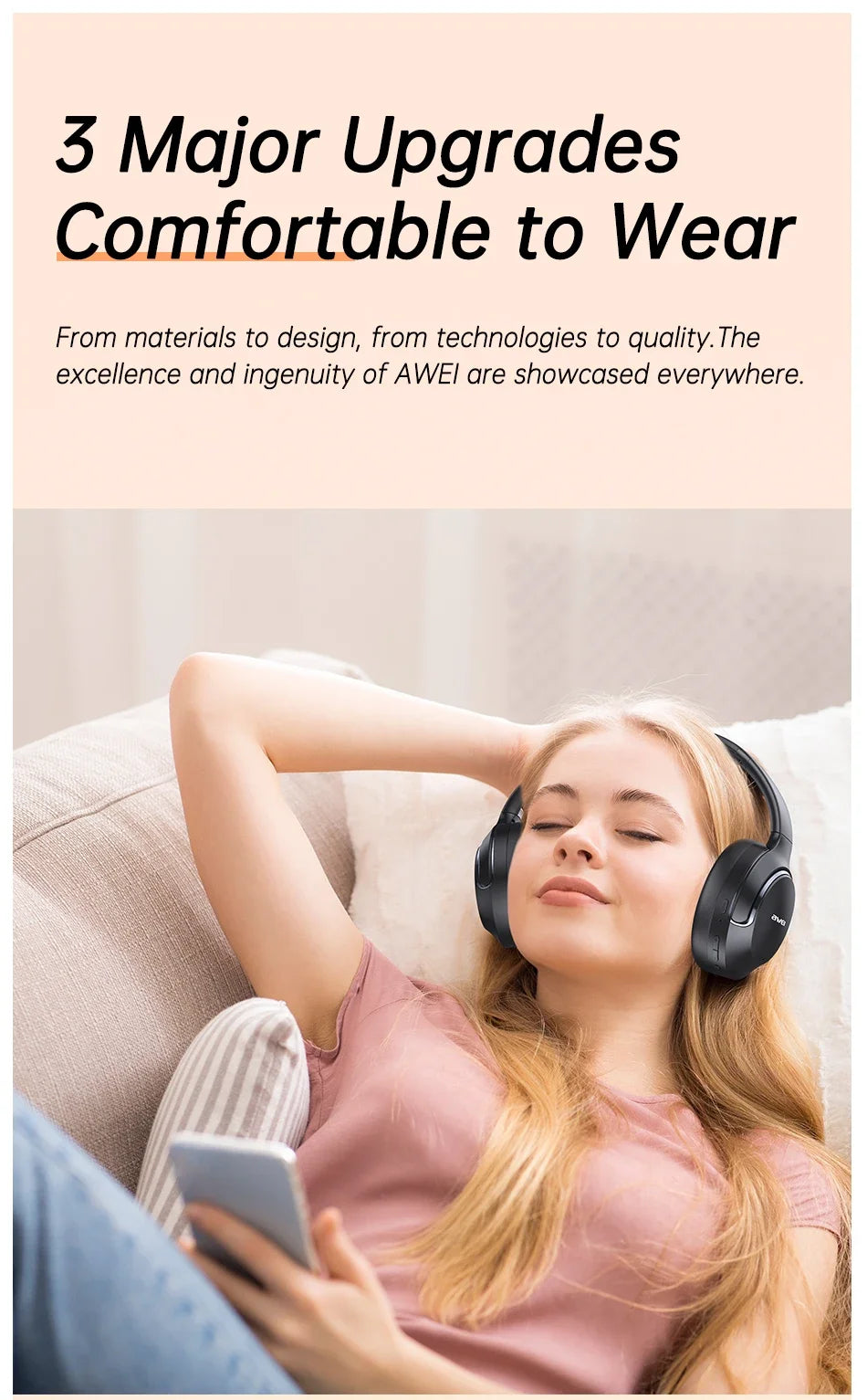 Awei AT2 ANC Wireless Headphones Over-Ear 30dB ANC Headphone Bluetooth 5.3 40mm Dynamic Driver Long Battery Life Earphones