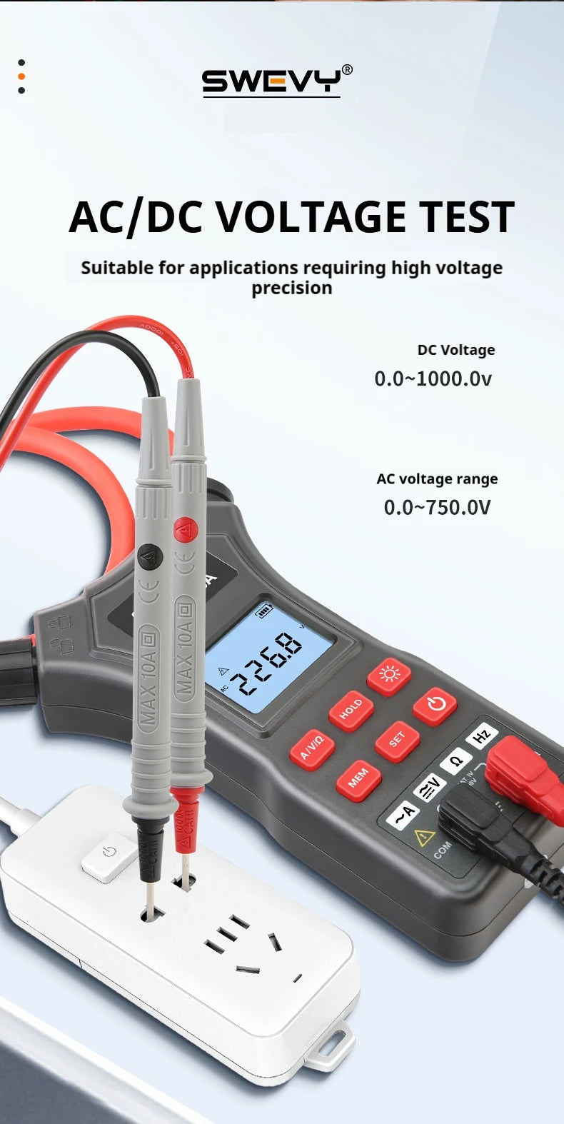 SWEVY SW1018A LCD Backlight Digital Flexible Current Clamp 0 mA - 9999A AC/DC Voltage, AC Current, and Resistance Test Multimete
