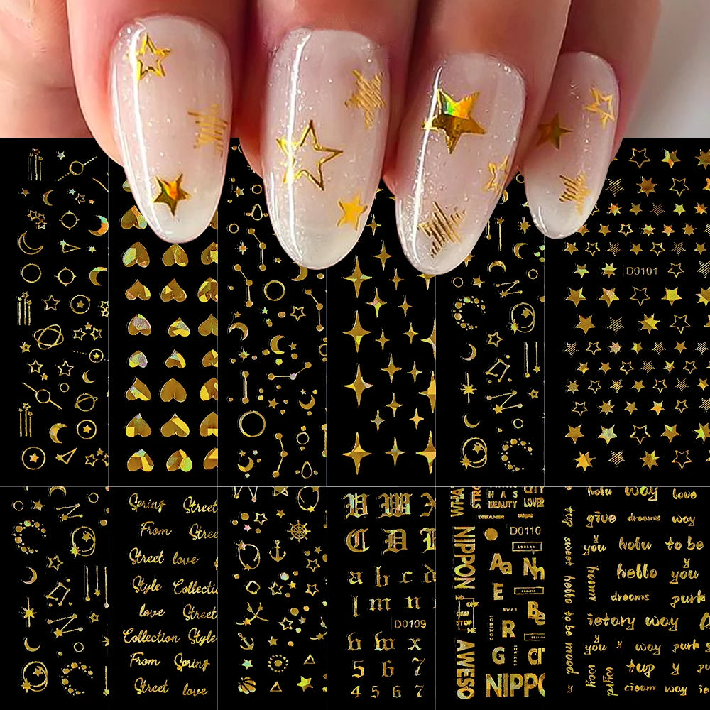 12Pcs Gold/Silver Tasse/Line/Star/Moon 3D Nail Art Stickers Leaf/Geometric Design Self-adhesive Sliders Luxury Manicure Decals