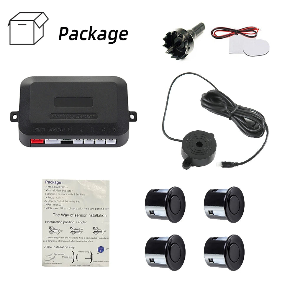 BQCC Car Parking Sensor Kit 22mm 4 Sensors Buzzer Reverse Backup Radar Sound Alert Indicator Probe System 12V Free Shipping