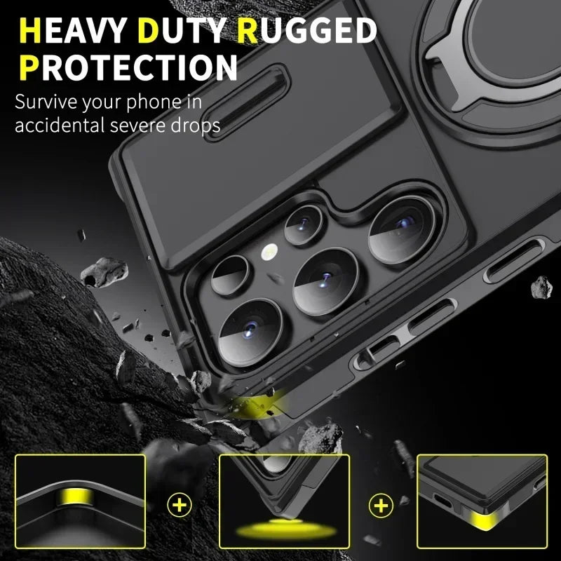 Case For Samsung Galaxy S25 Note 20 Ultra Plus A56 A36 A26 A05 A05S Slide Camera Protect Magnetic holder Armor Shockproof Cover