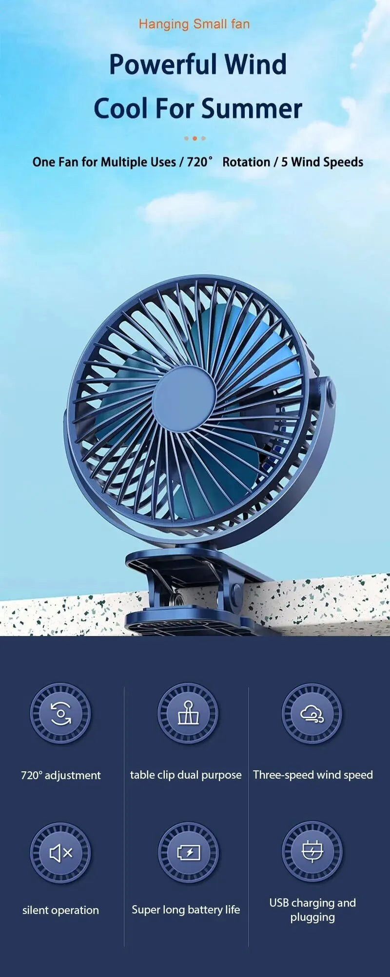 Portable USB Table Fan Clip-on Type 5000/10000mAh Rechargeable Mini Desk Fan 720 Degree Rotation 5 Speeds Adjustable Clip-on Fan