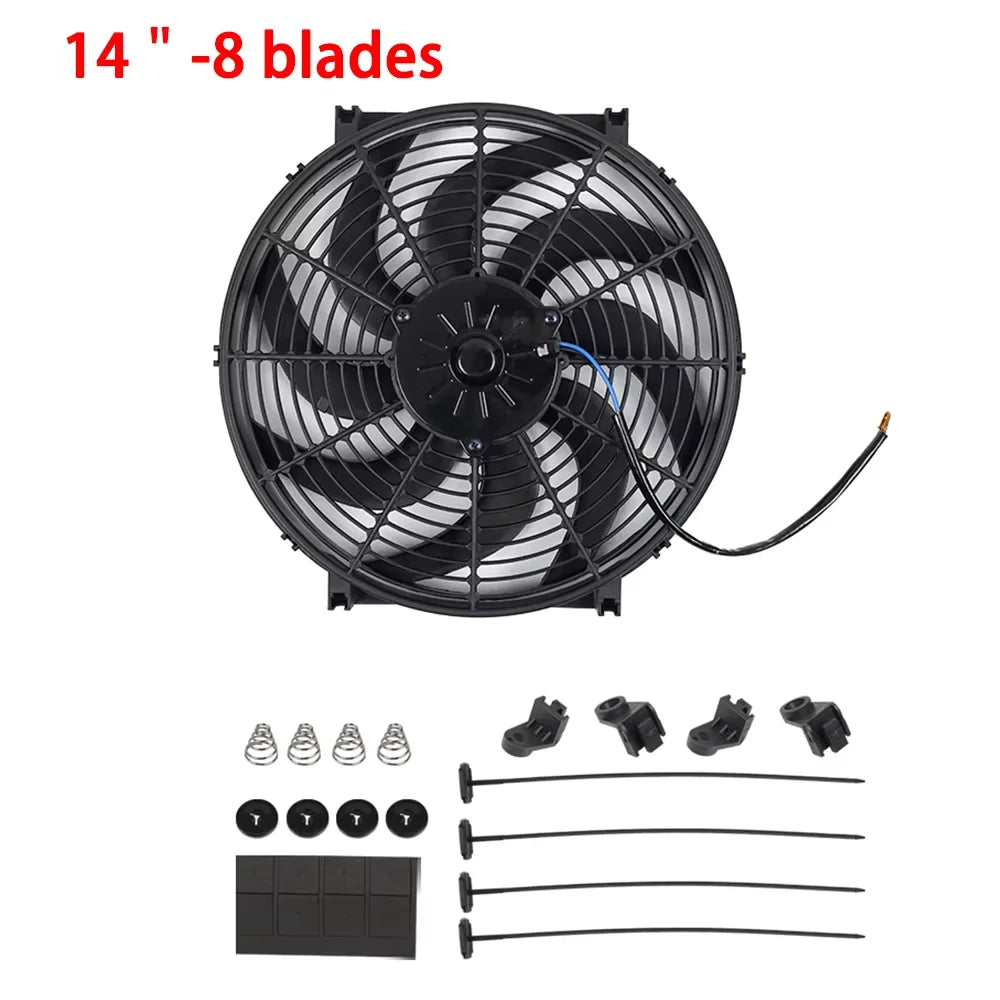 Universal 7/9/10/12/14/16 Inch 12V 80W 2100RPM Car Air Conditioning Cooling Fan Blade Cool Mounting Kit CF-1001 Black CF-1001