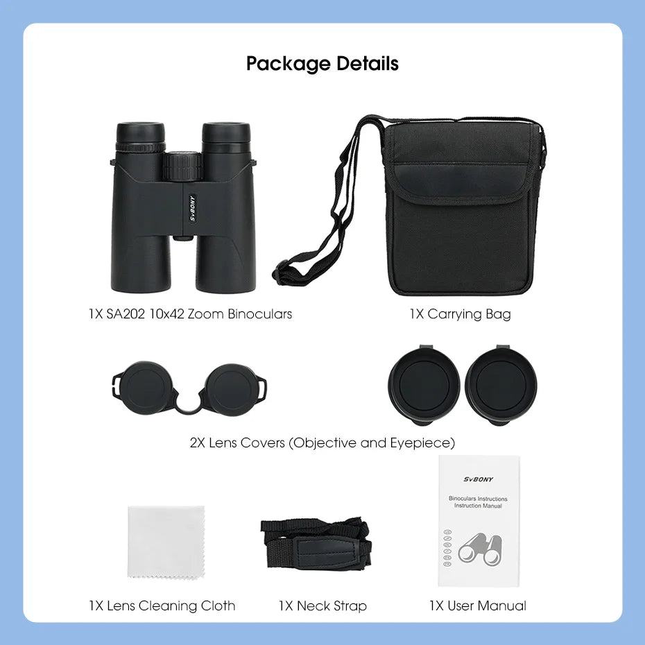 SVBONY SA202 Binoculars,10x42 Binoculars for Adults,Compact FMC Lens,Binoculars with Neck Strap Carrying Bag for Hiking Birding