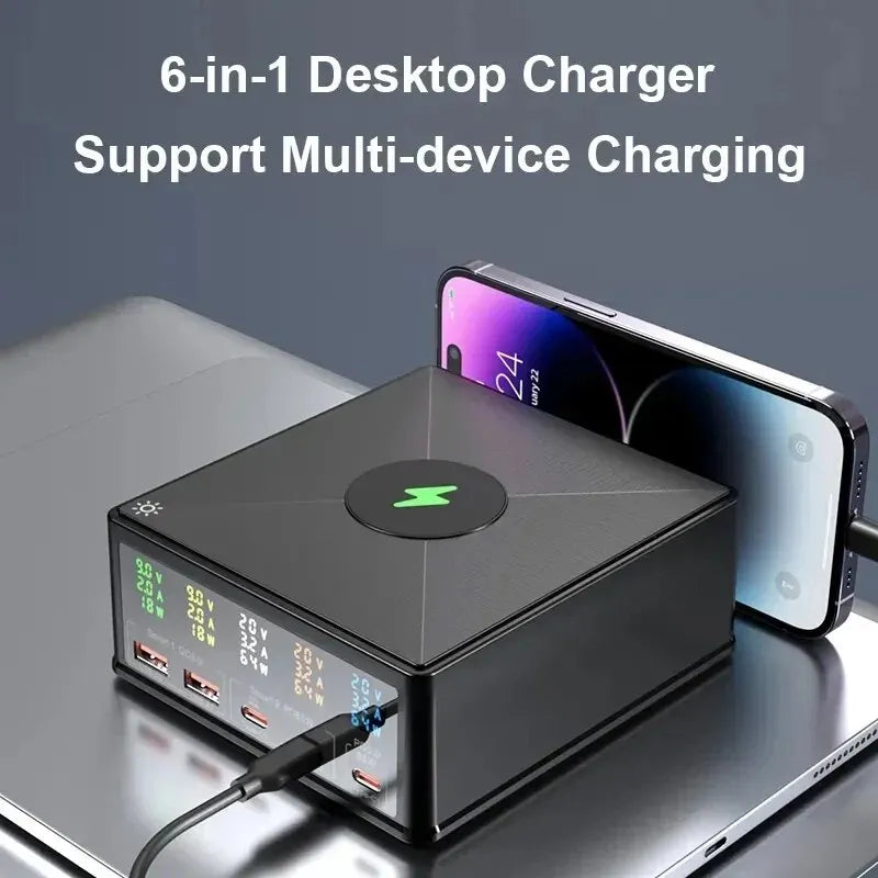 160W 5Port USB Charger Staion Hub With 15W Wireless Charger LCD Display USB-C QC3.0 PD 65W Quick Charger For iPhone 14 13 Xiaomi