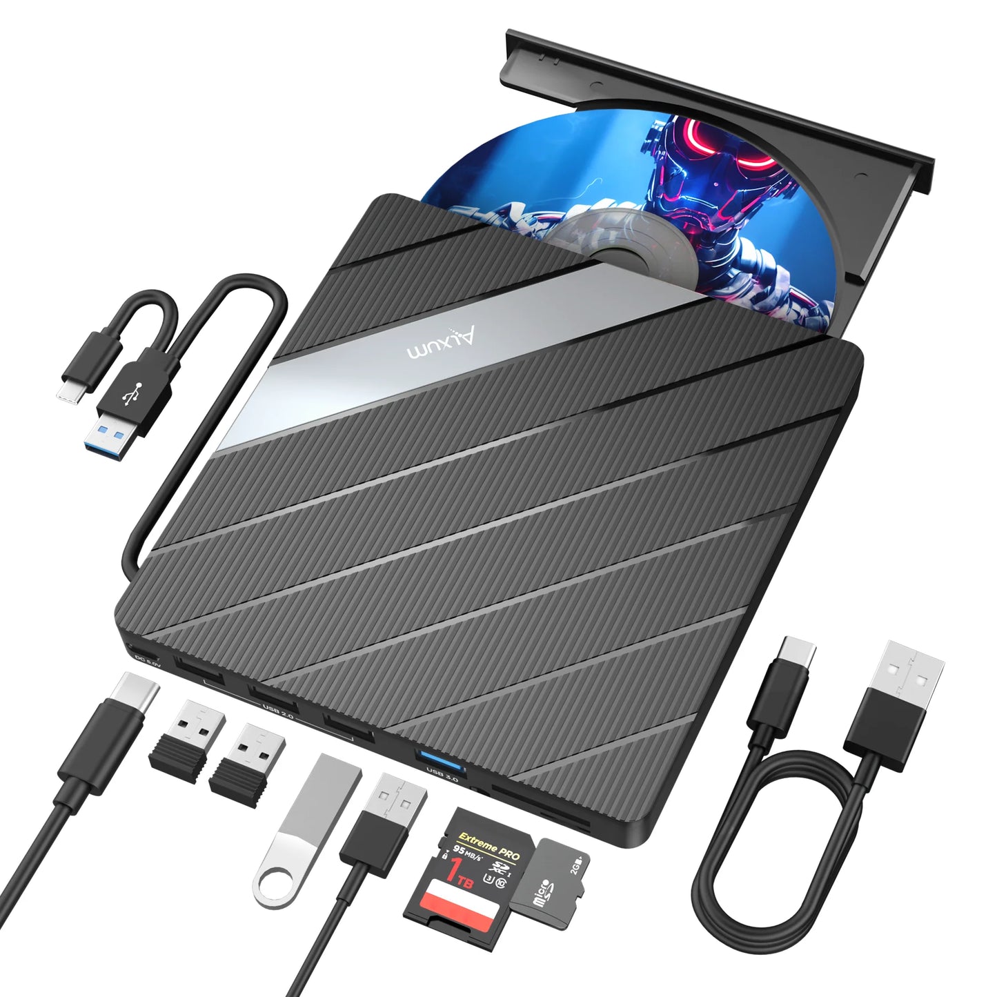 T040A USB 3.0 External Mobile Drive DVD CD Burner with Hub 24X CD & 8X DVD Writer SD microSD Card Reader for Windows Mac Linux
