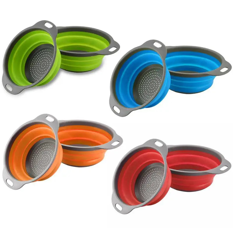 2024 Silicone Round Folding Vegetable Fruits Washing Drain Basket Colander Strainer Collapsible Drainer Kitchen Tool