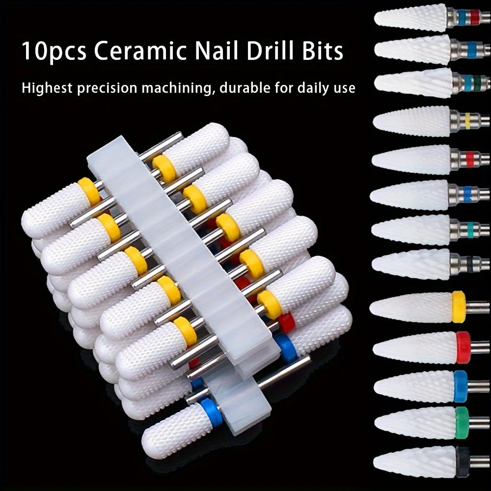 10pcs Ceramic Nail Drill Bits Set, Electric Manicure & Pedicure Milling Cutter, For Nail Polishing Machine