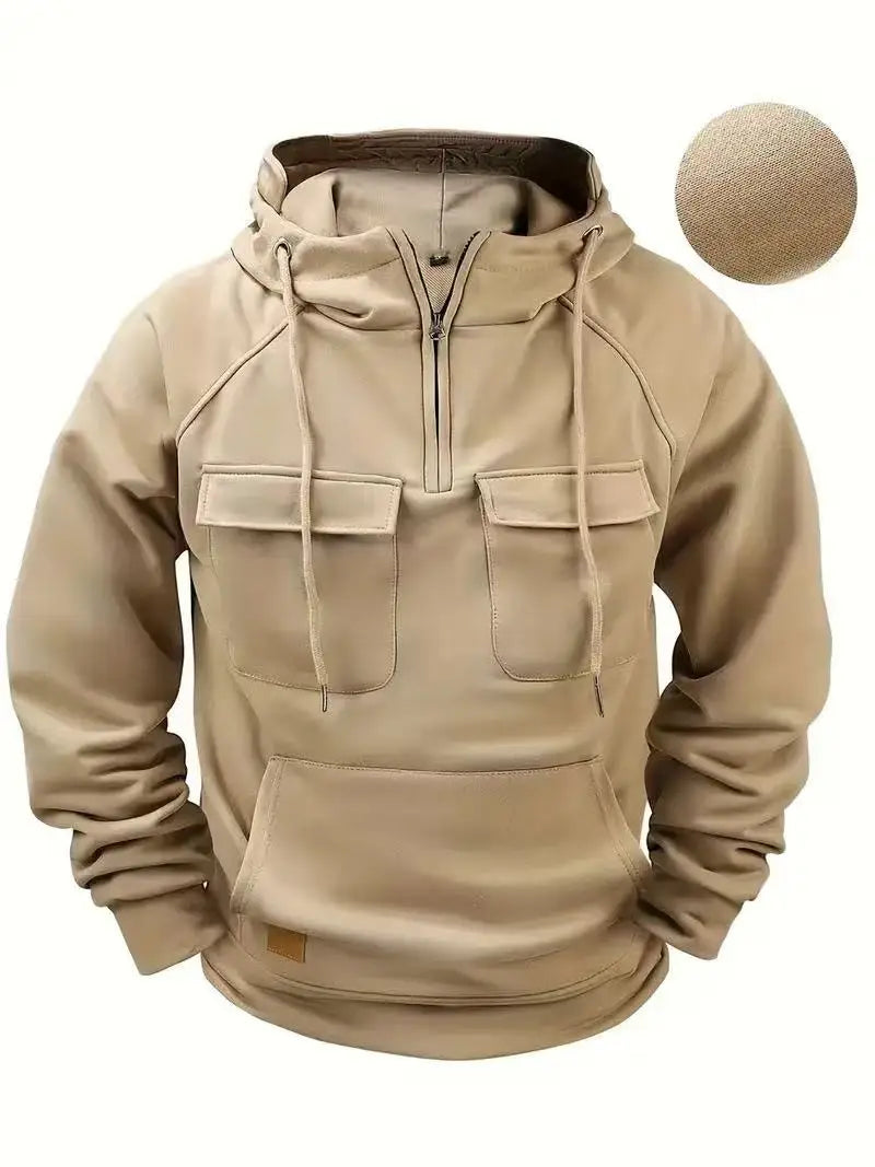 Fashionable Youth Men's Hoodie Solid Color Casual Autumn/Winter Pullover with Multi Pockets Patch Design