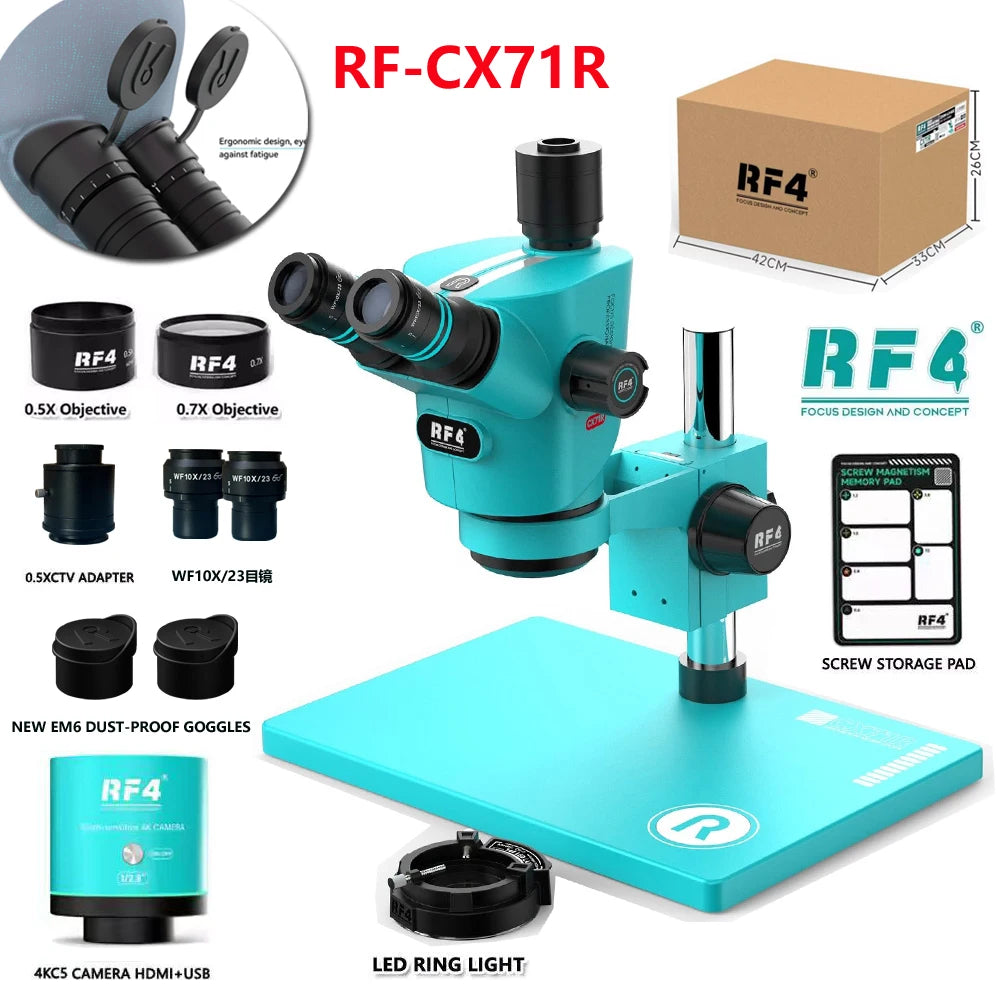 RF4 CX71R New Focus Trinocular Stereo Microscope 6.5x-65x 30°C Ergonomic Design 10X/23MM Eyepice for Phone Soldering PCB Repair