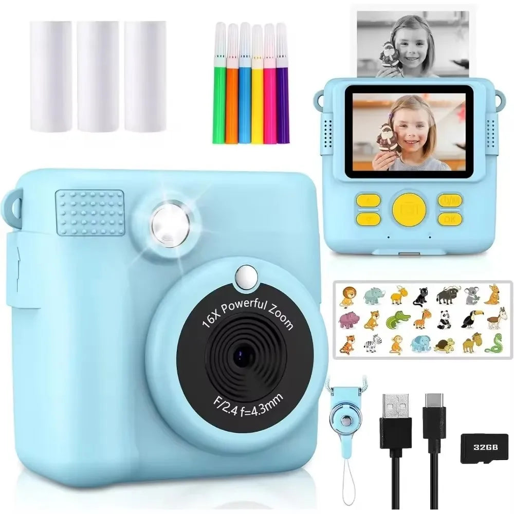Portable Instant Print Camera for Kids - 1080P HD Video Camera with 3 Rolls Photo Paper and 32GB Card, Perfect Toy for Toddlers