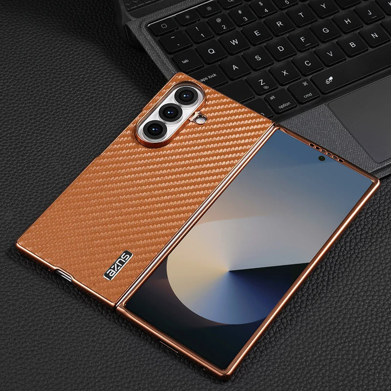 AZNS Luxury Plating Carbon Fiber Pattern Case for Galaxy Z Fold 7 Fold 6 Fold 5 Fold 4 Z Fold 3 Electroplated Protective Cover