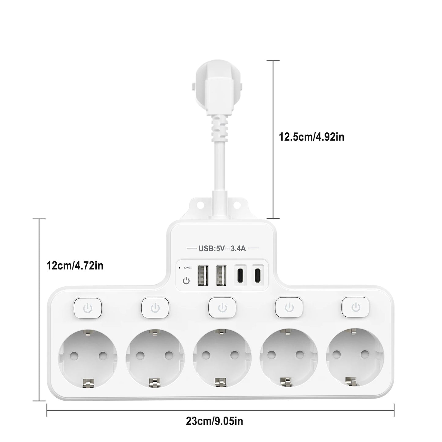 Power Strip 5-Way Multicontact Outlet EU Plug with 4 USB Ports 3.1A/5V 3840W Multiple Electrical Socket with Switch For Home