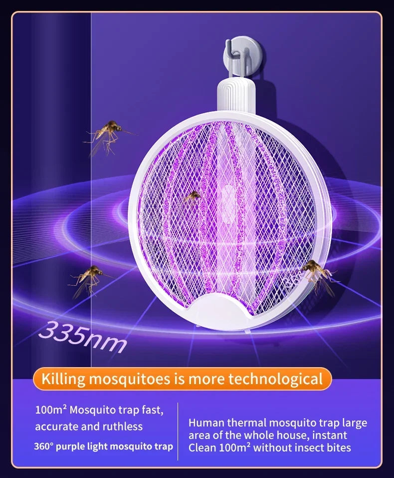 Foldable Electric Mosquito Killer Fly Swatter Trap USB Rechargeable Mosquito Racket Insect Killer with UV Light Bug Zapper 3000