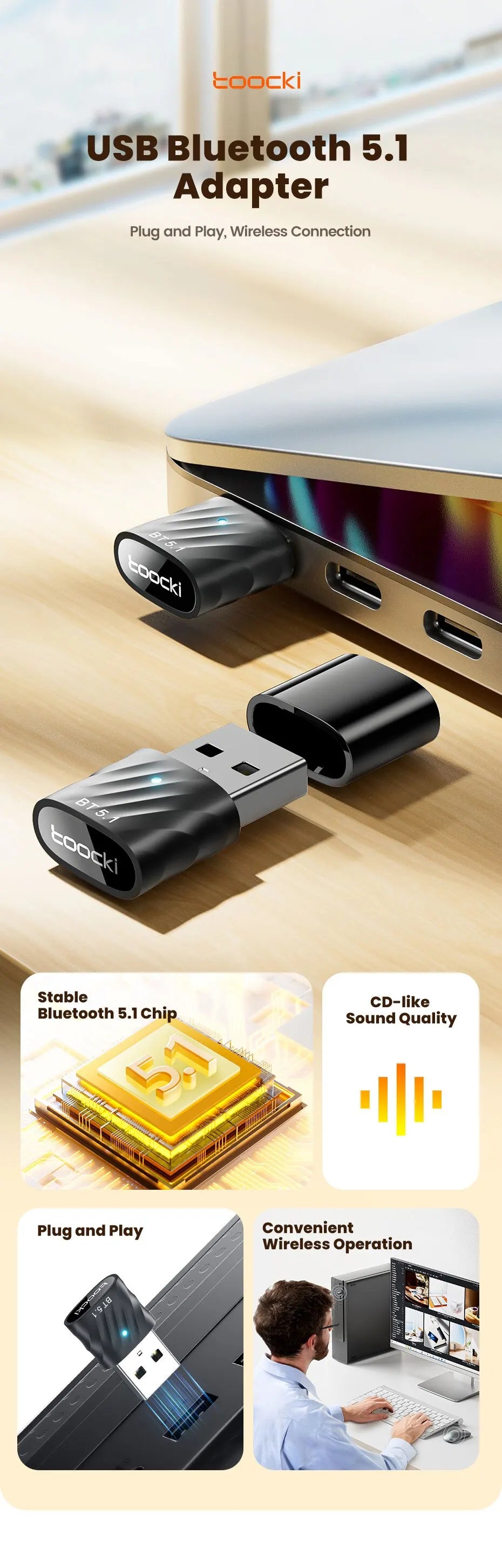 Toocki USB Bluetooth5.1 Car Adapter Dongle Audio Receiver Speaker For PC Speaker Wireless Mouse Earphone Keyboard Music Transmit