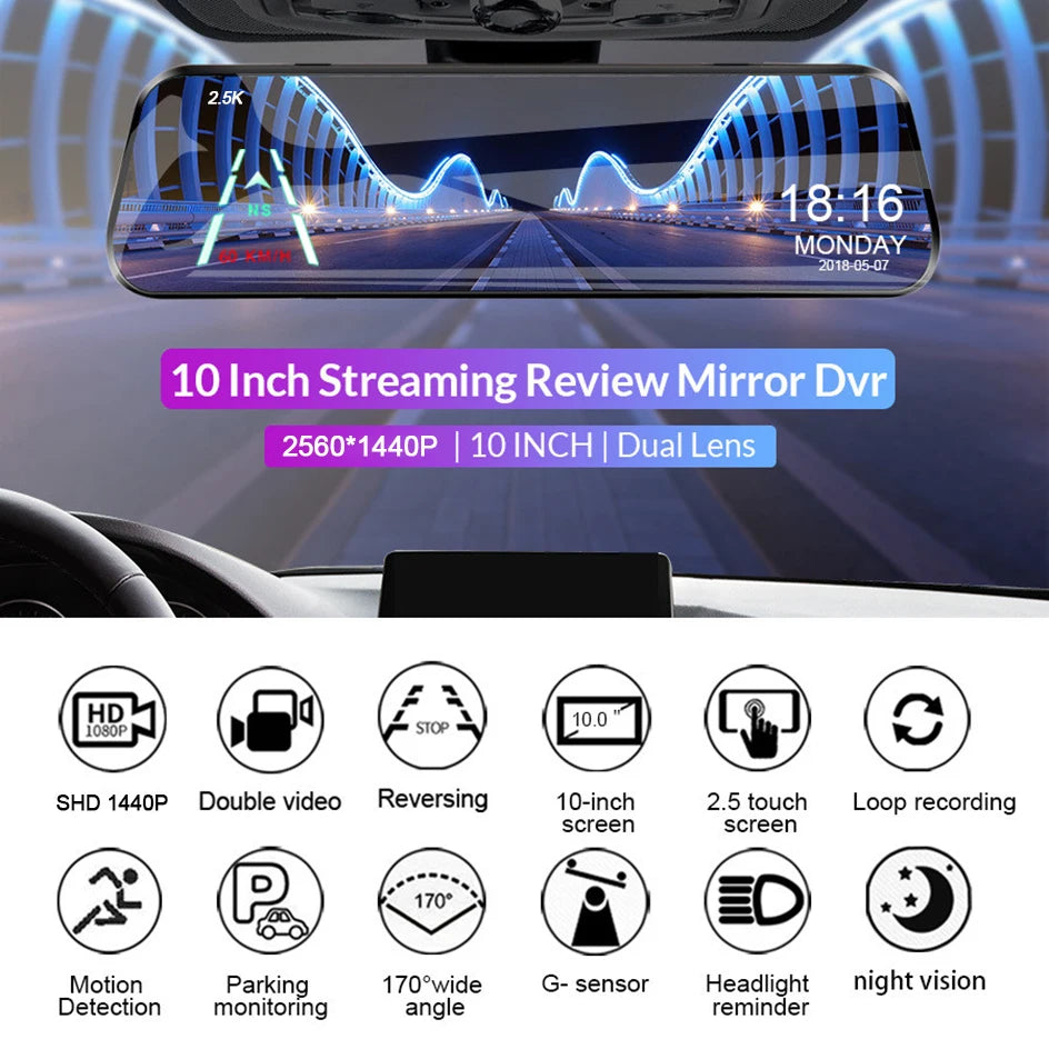 Dash Cam Touch GPS WIFI 24h Night Vision 10 Inch 2.5K+1080P Rearview Mirror Sony Rear Camera Car DVR Black Box 70mai Dashcam