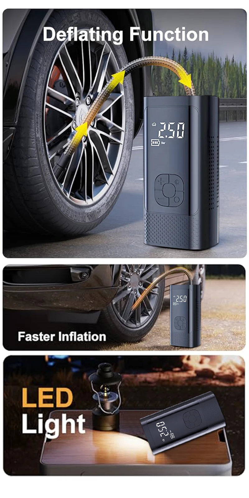 Inflatable Pump Portable Handheld 2 power supply modes and 4 preset air pressures Digital Display Car Motorcycle Tire