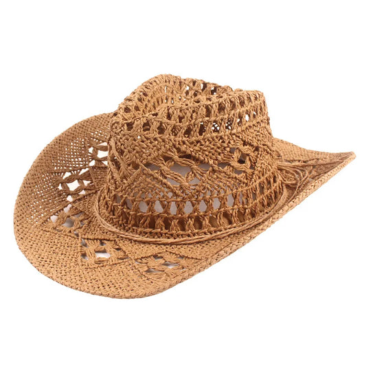 New Fashion Hollowed Handmade Cowboy Straw Hat Round Collapsible Western Cowboy Beach Hat Photo Props Western Sunshade Cap