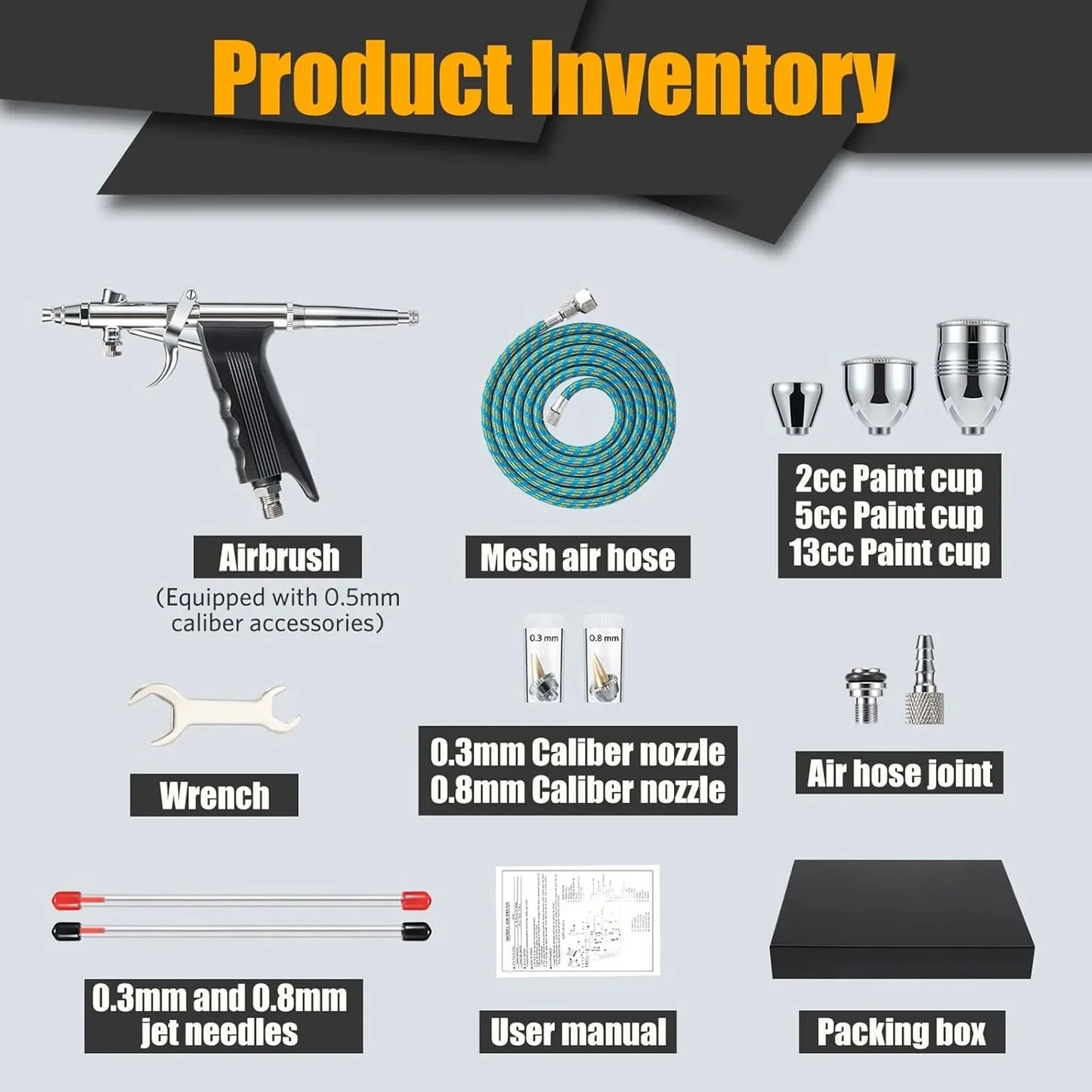 Airbrush Kit with Double Action Trigger, 0.3/0.5/0.8mm Needles, 2/5/13cc Paint Cups Airbrush Gun Ideal for Nails Cake Tattoo Art