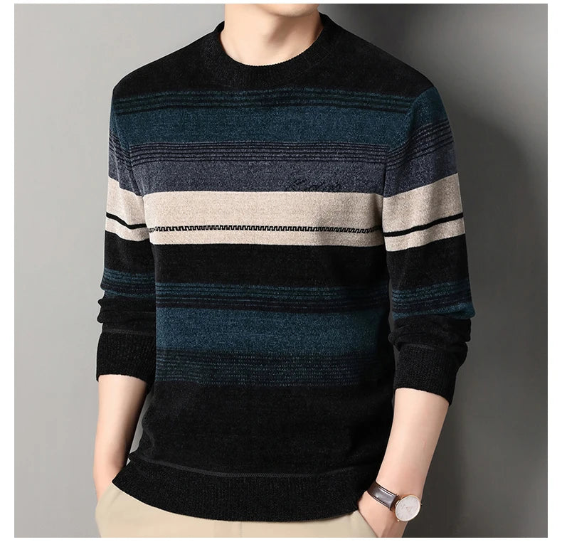 Mens Thickened Sweater Stripe Velvet Pullover Men's Winter Clothes Elegant Luxury Brand Fashion Knitted Sweaters