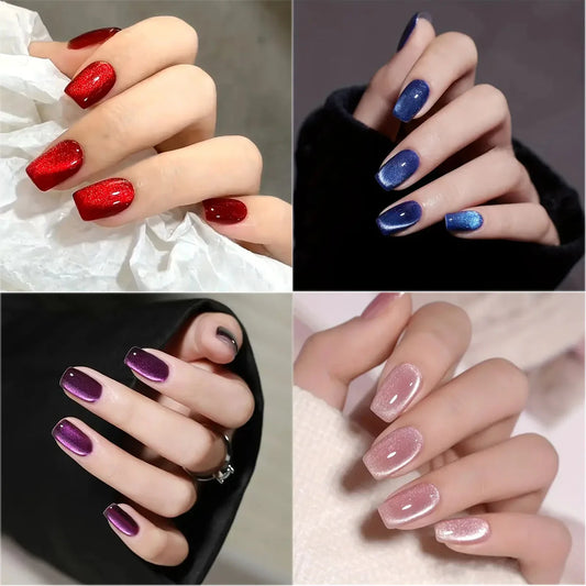 24pcs Cat's Eye Press on Nails Wearing Square Head French Ballet Nail Art Tips for Women Removable False Nails with Jelly Glue